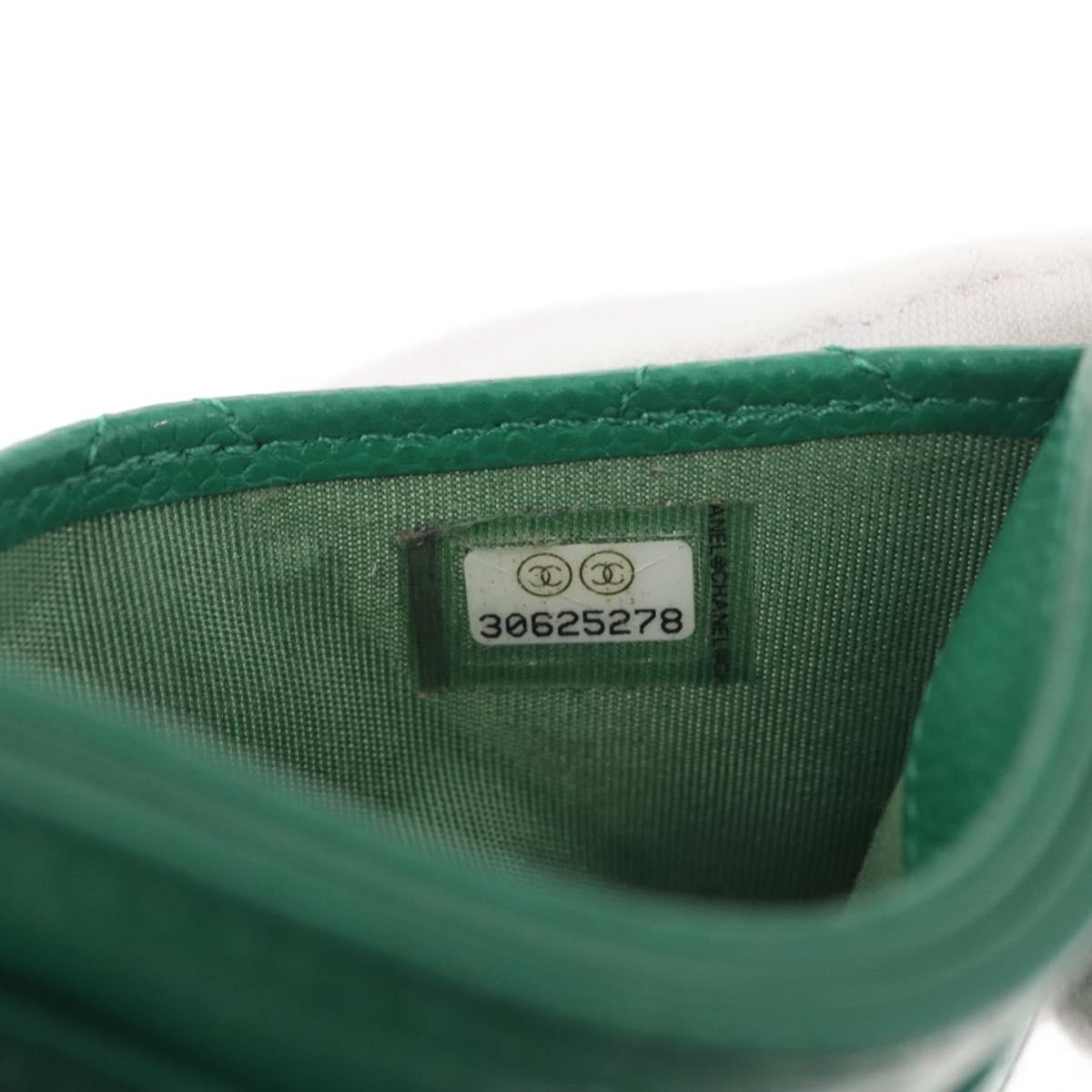 CHANEL COCO Mark Card Case Caviar Skin Green Silver CC Auth 171186V