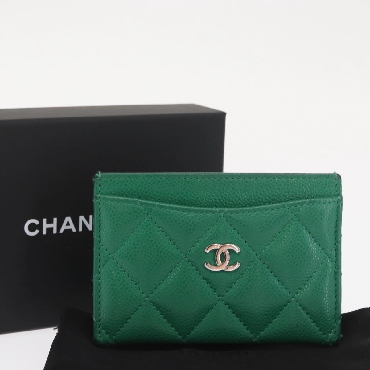 CHANEL COCO Mark Card Case Caviar Skin Green Silver CC Auth 171186V