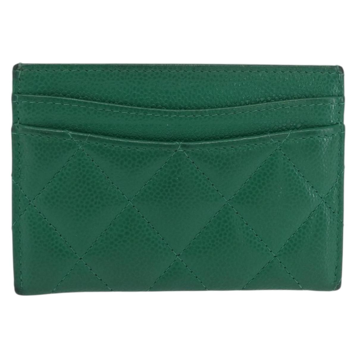 CHANEL COCO Mark Card Case Caviar Skin Green Silver CC Auth 171186V