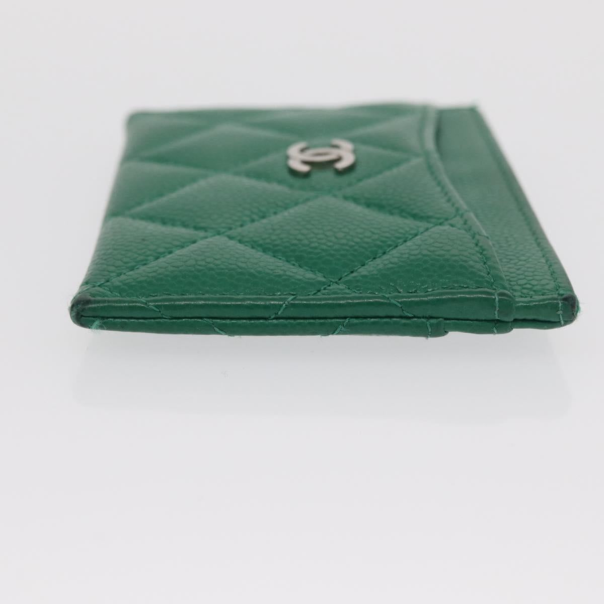 CHANEL COCO Mark Card Case Caviar Skin Green Silver CC Auth 171186V
