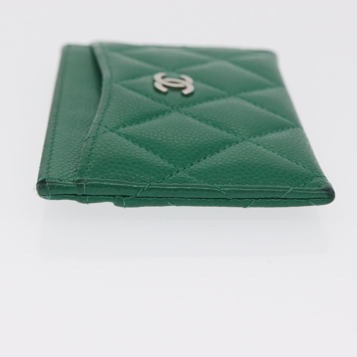 CHANEL COCO Mark Card Case Caviar Skin Green Silver CC Auth 171186V