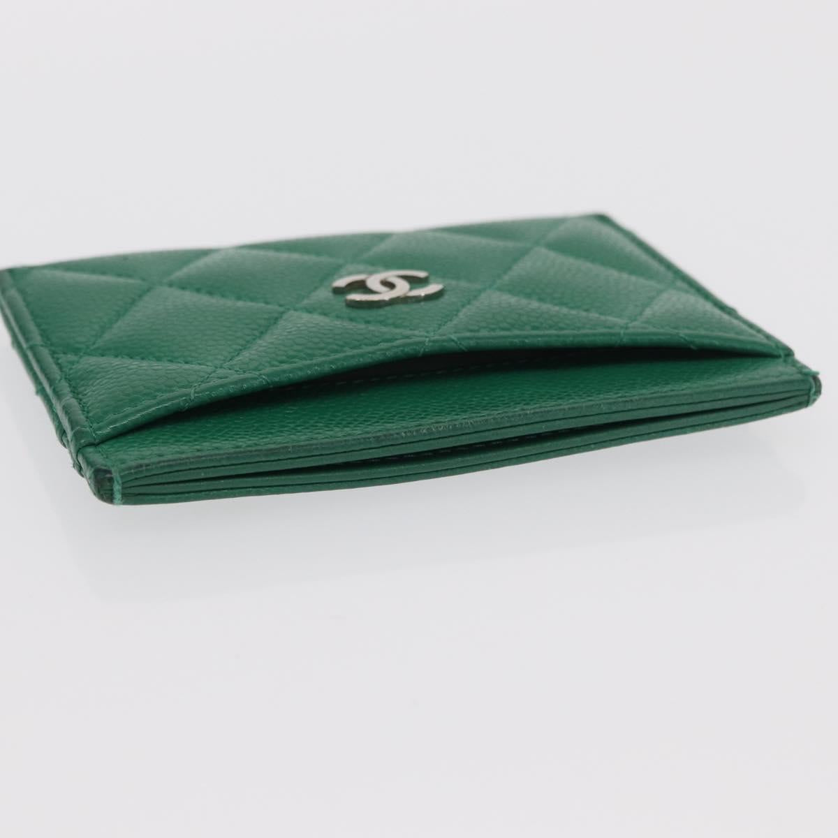 CHANEL COCO Mark Card Case Caviar Skin Green Silver CC Auth 171186V