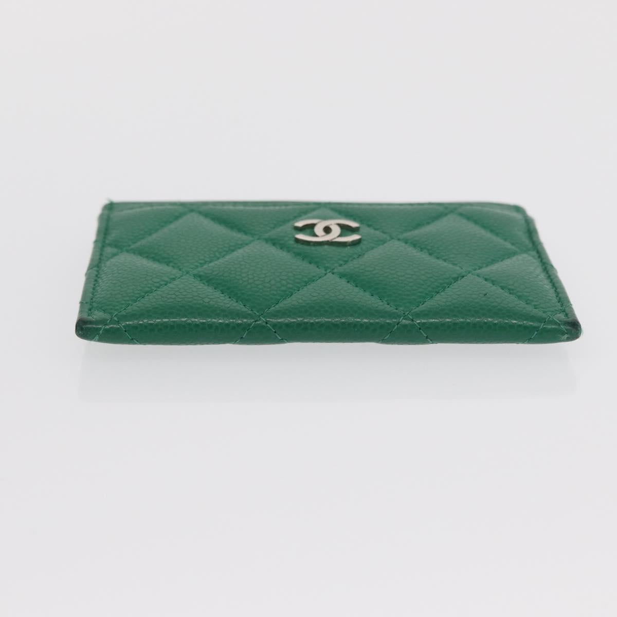 CHANEL COCO Mark Card Case Caviar Skin Green Silver CC Auth 171186V
