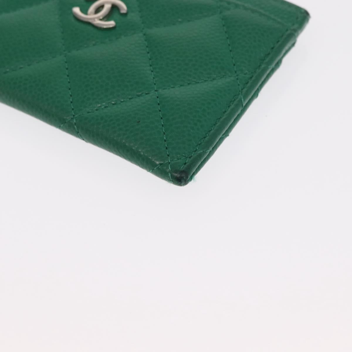 CHANEL COCO Mark Card Case Caviar Skin Green Silver CC Auth 171186V