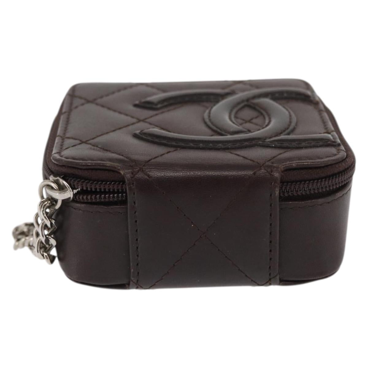CHANEL Cambon Line Pouch Leather Dark Brown Silver CC Auth 171191