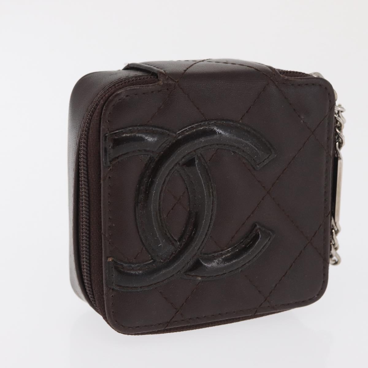 CHANEL Cambon Line Pouch Leather Dark Brown Silver CC Auth 171191