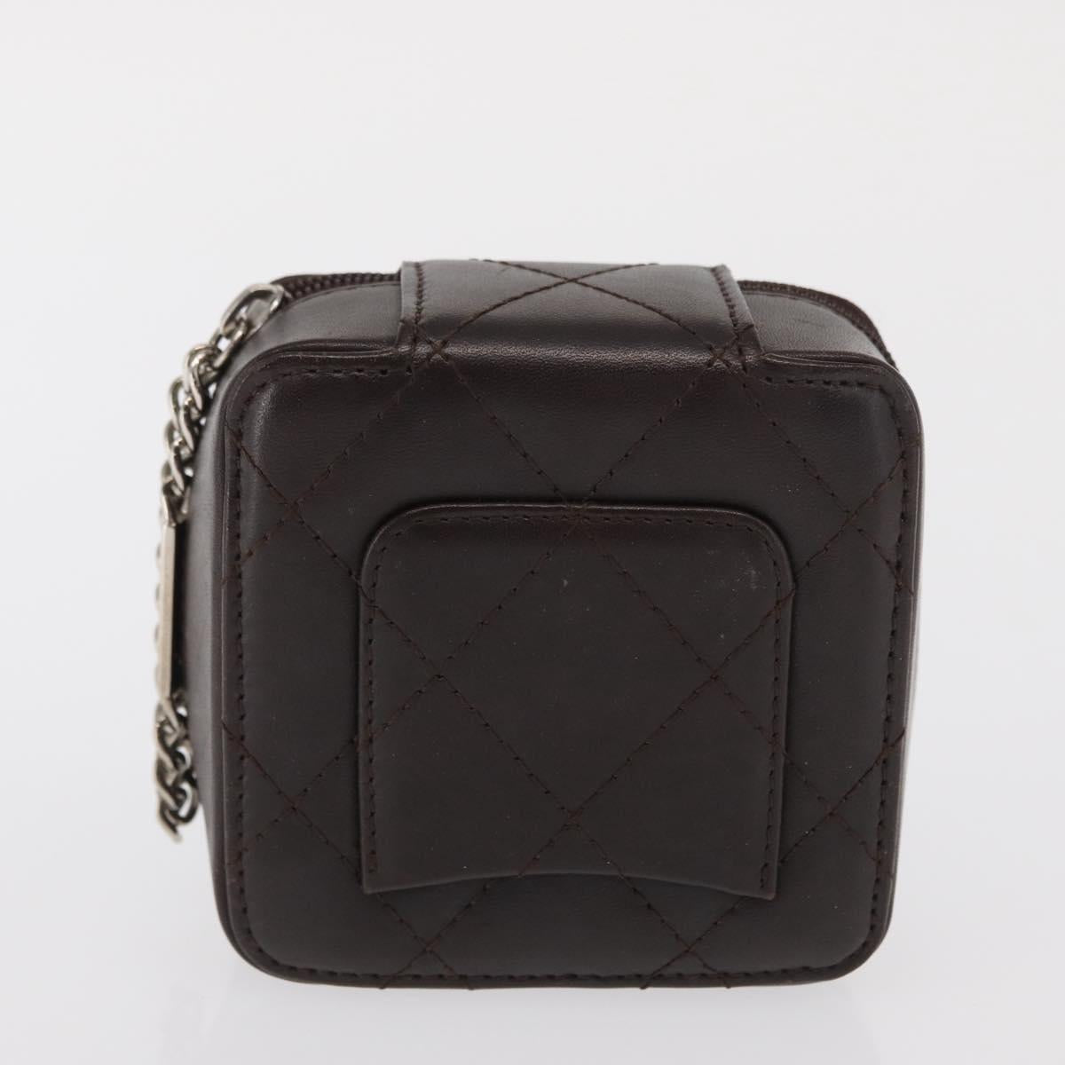 CHANEL Cambon Line Pouch Leather Dark Brown Silver CC Auth 171191