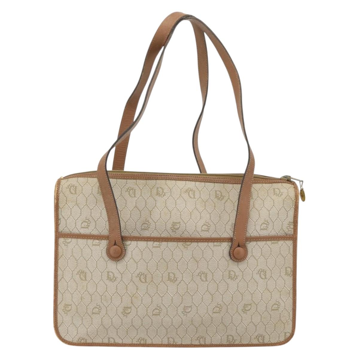 Christian Dior Honeycomb Canvas Hand Bag PVC Beige Gold Auth 171254
