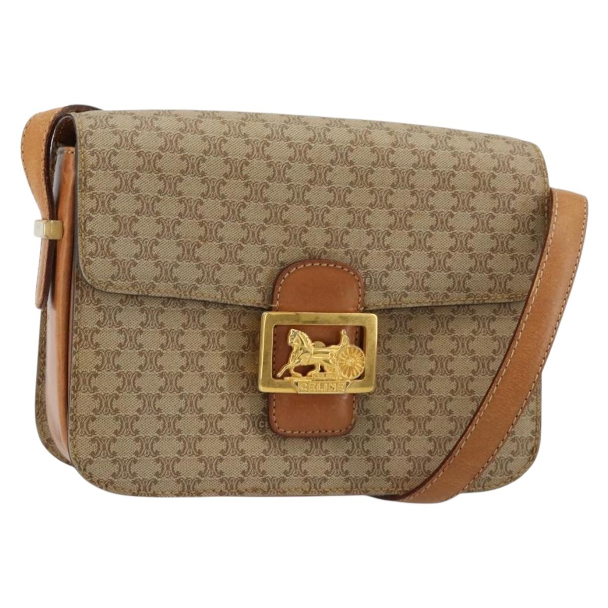 CELINE Macadam Canvas Horse Carriage Shoulder Bag PVC Beige Gold Auth 171260A