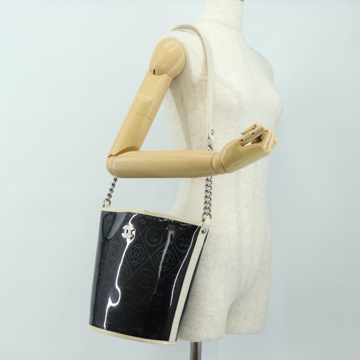 CHANEL Camelia Chain Shoulder Bag Vinyl Blue Silver CC Auth 171291SAM