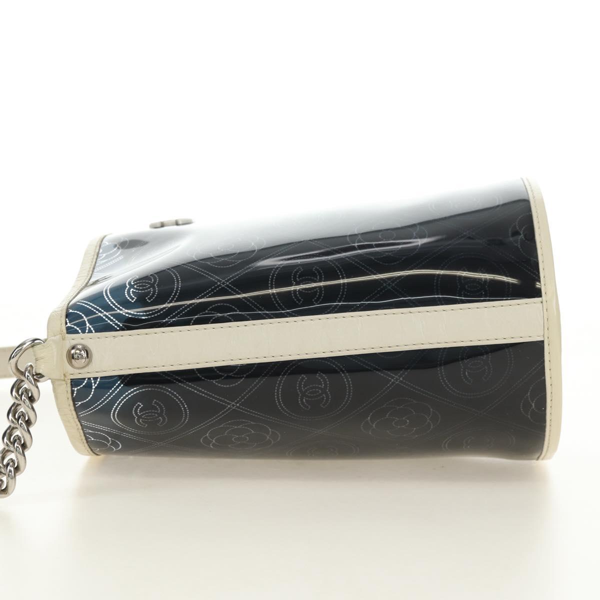 CHANEL Camelia Chain Shoulder Bag Vinyl Blue Silver CC Auth 171291SAM