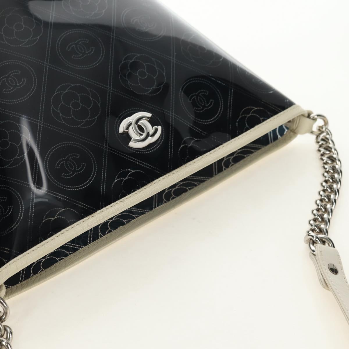 CHANEL Camelia Chain Shoulder Bag Vinyl Blue Silver CC Auth 171291SAM