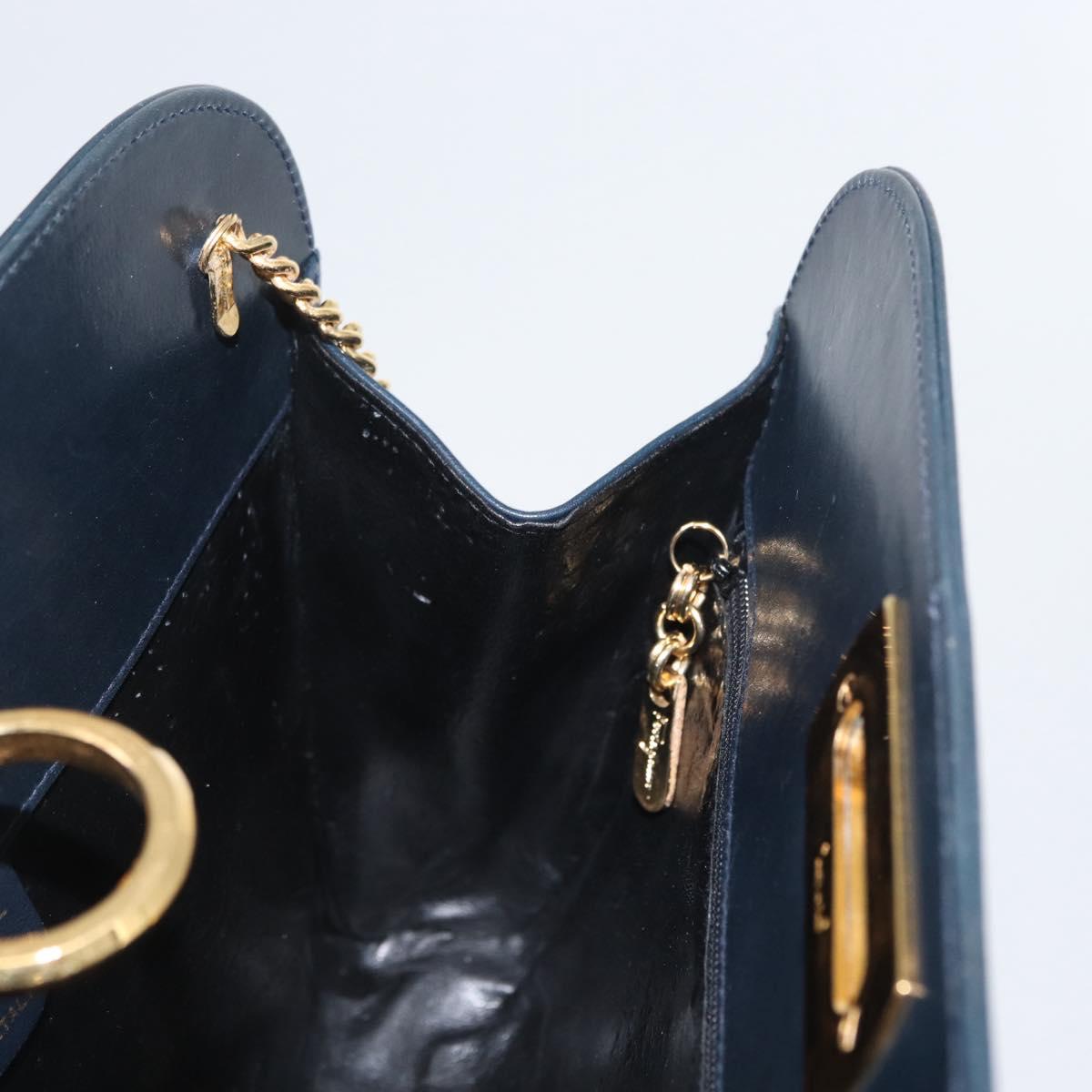 Salvatore Ferragamo Gancini Chain Shoulder Bag Leather Navy Gold Auth 171314