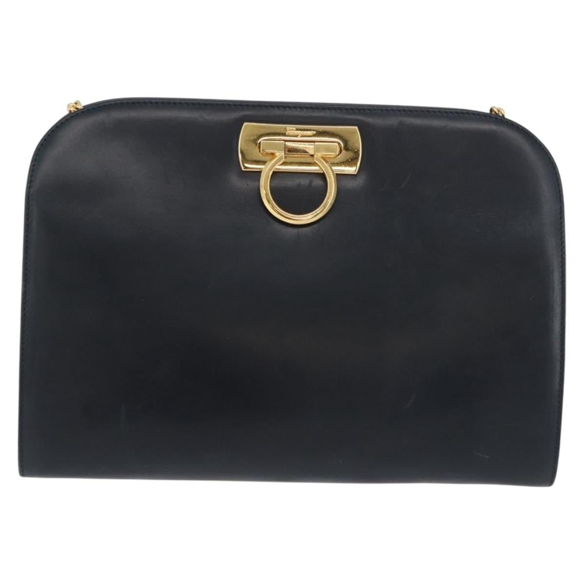 Salvatore Ferragamo Gancini Chain Shoulder Bag Leather Navy Gold Auth 171314