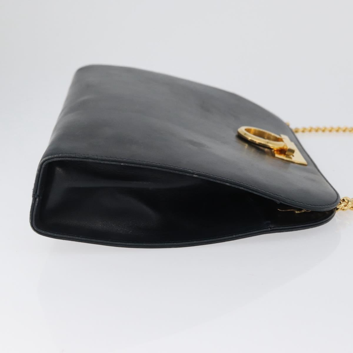 Salvatore Ferragamo Gancini Chain Shoulder Bag Leather Navy Gold Auth 171314