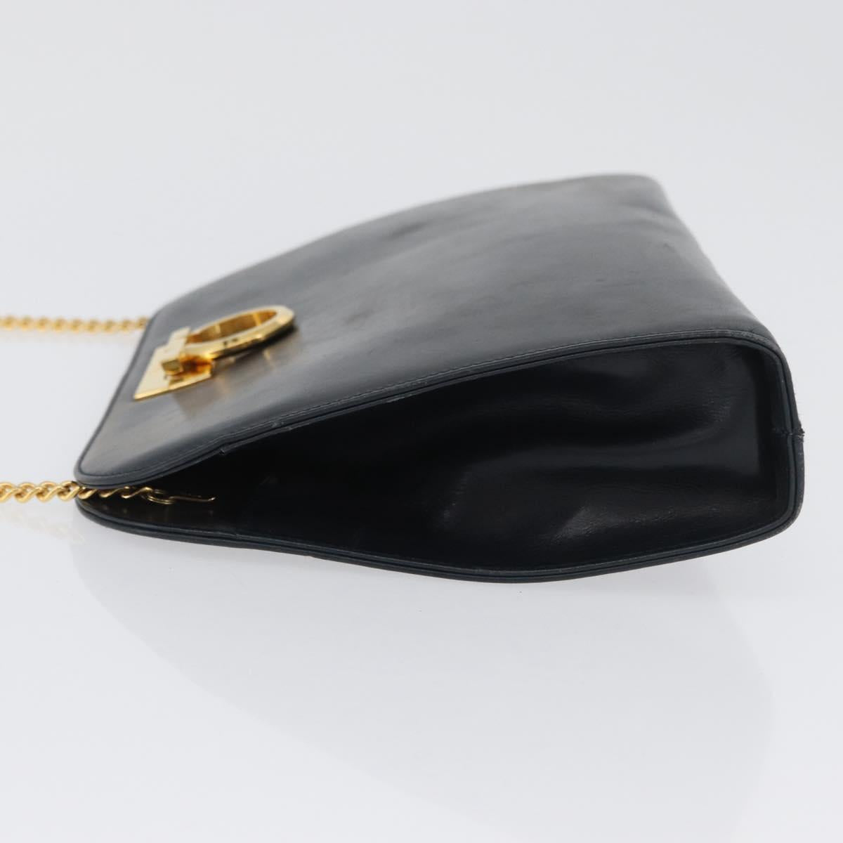 Salvatore Ferragamo Gancini Chain Shoulder Bag Leather Navy Gold Auth 171314