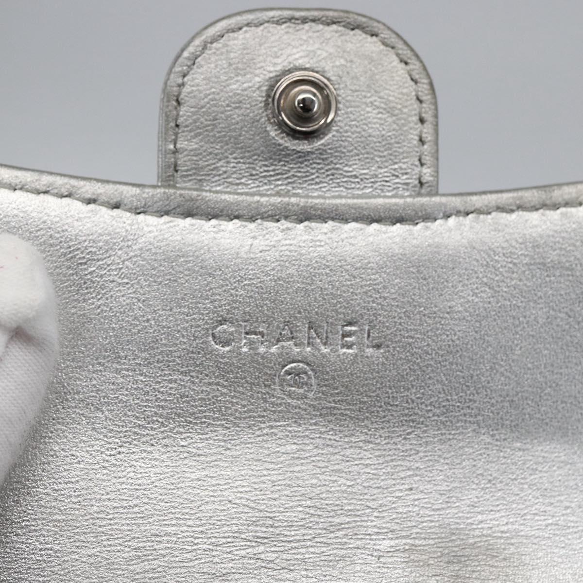 CHANEL Matelasse Card Case Leather Silver CC Auth 171336