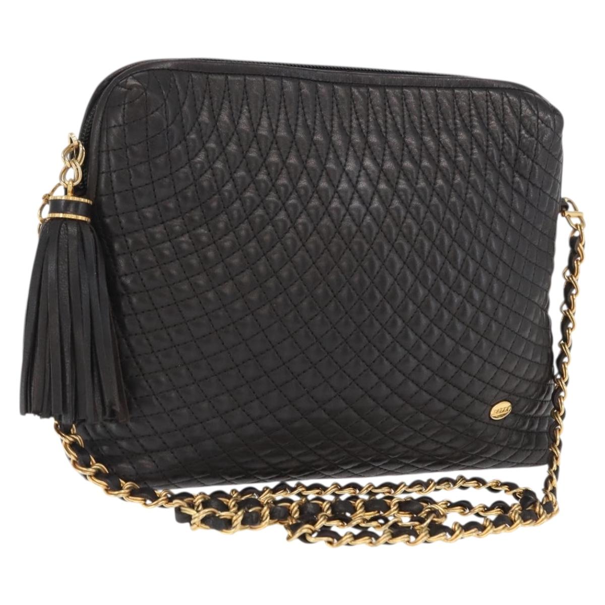 BALLY Chain Shoulder Bag Leather Black Gold Auth 171355