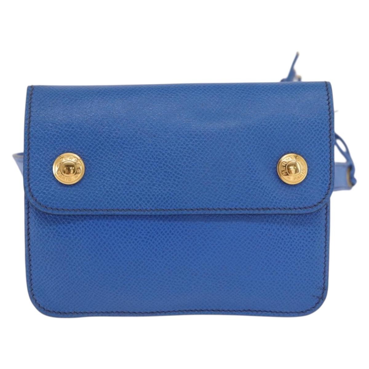 HERMES Courchevel Pochette Green Shoulder Bag Leather Blue Gold Auth 171371