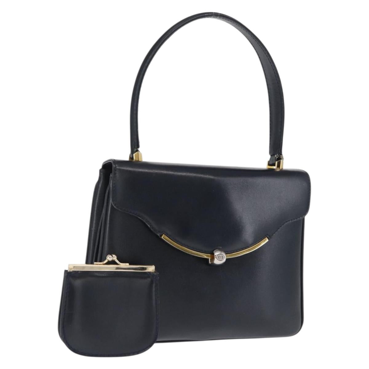 GUCCI Hand Bag Leather Navy Gold 000 056 0017 Auth 171384