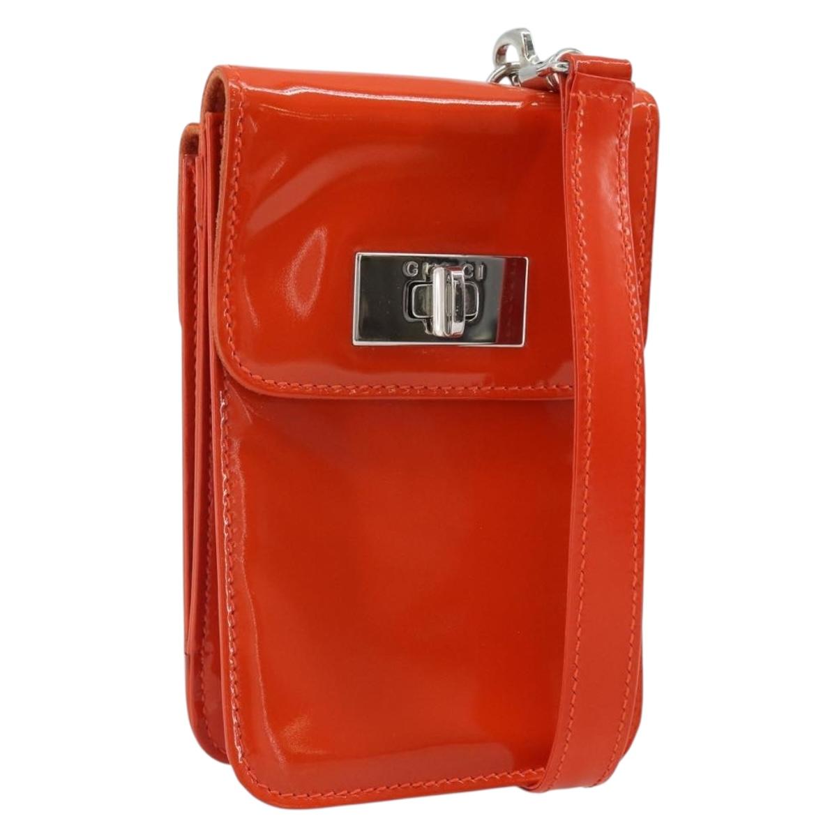GUCCI Shoulder Bag Patent leather Orange Silver Auth 171407