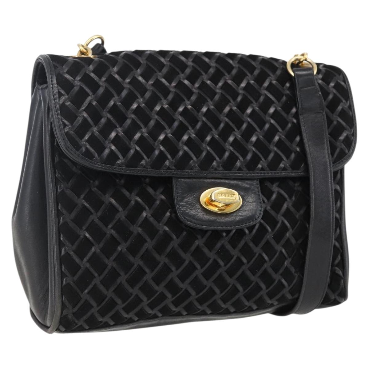 BALLY Shoulder Bag Leather Suede Black Gold Auth 171410