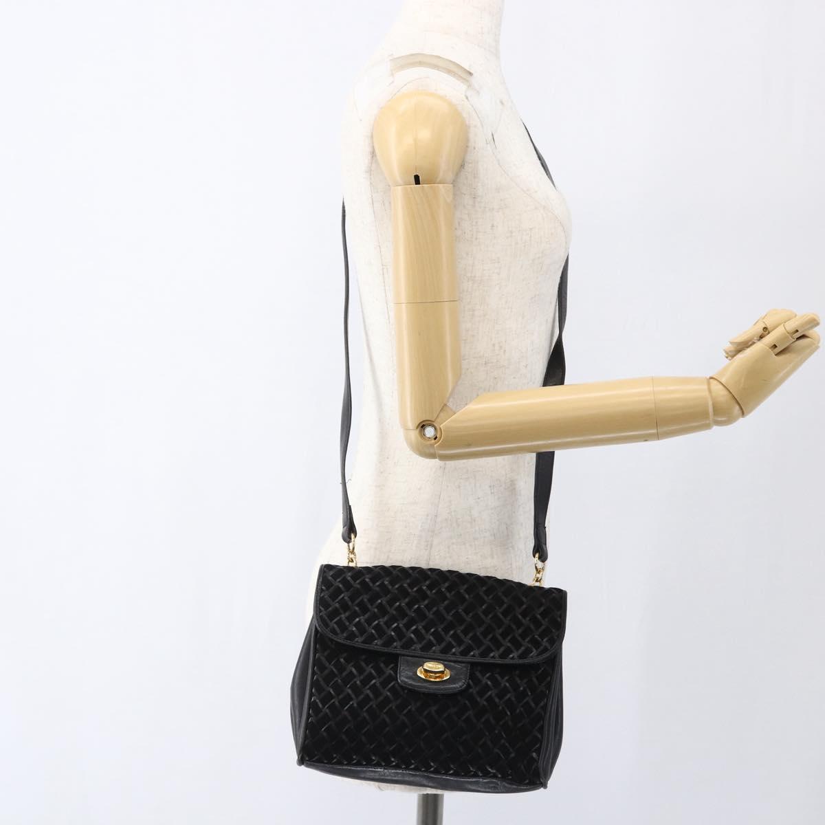 BALLY Shoulder Bag Leather Suede Black Gold Auth 171410