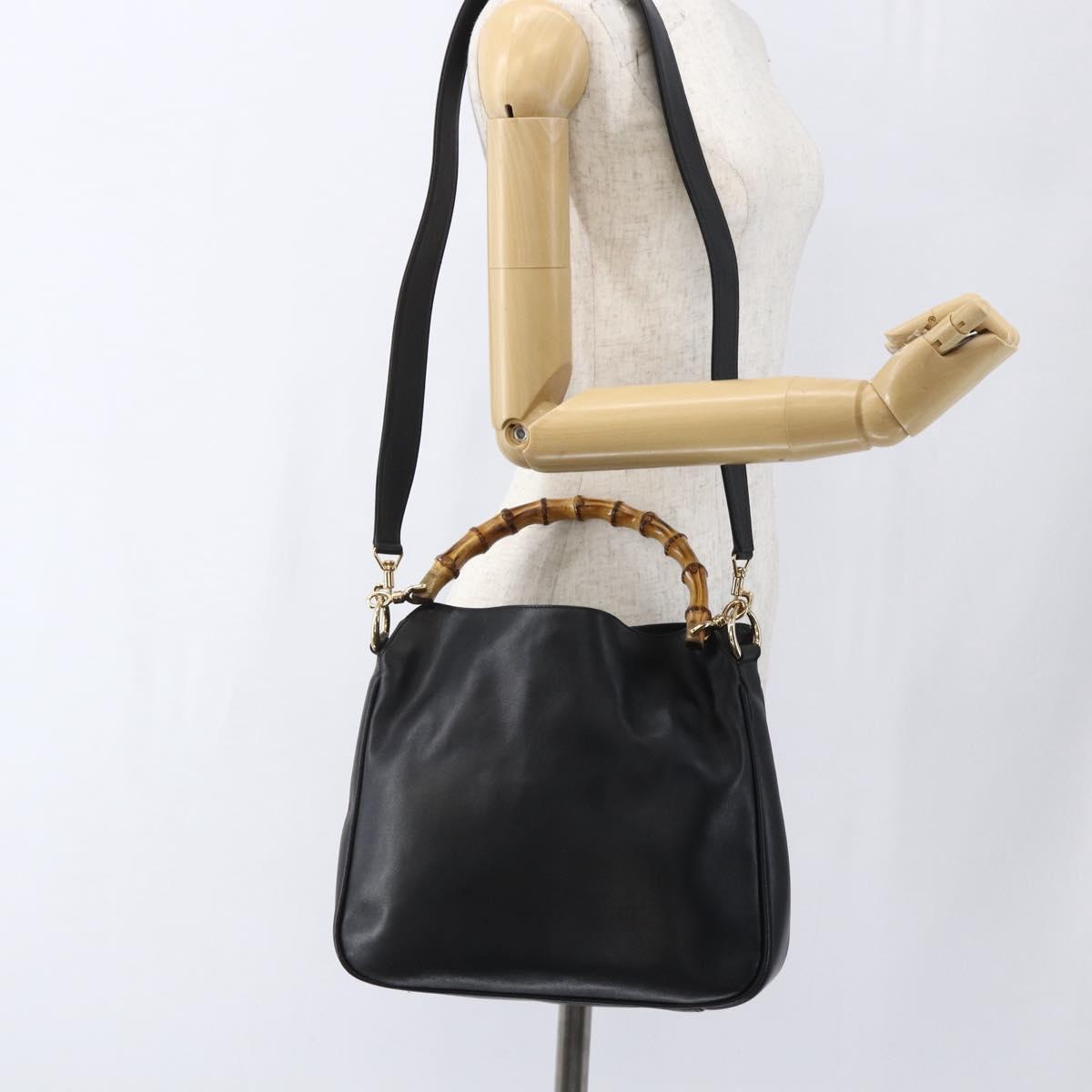 GUCCI Bamboo Shoulder Bag Leather 2way Black Gold 001 2058 1638 Auth 171417