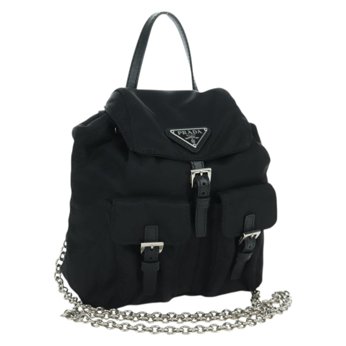 PRADA Chain Shoulder Bag Nylon Black Silver Auth 171449M