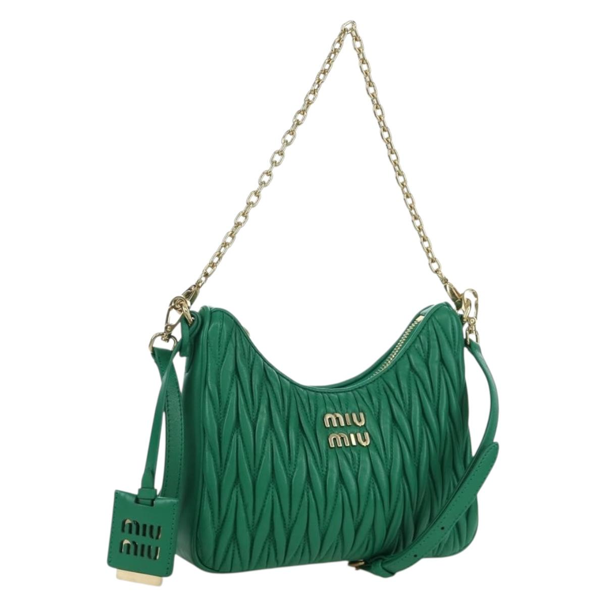 Miu Miu Matelasse Chain Shoulder Bag Leather 2way Green Gold Auth 171450SAM