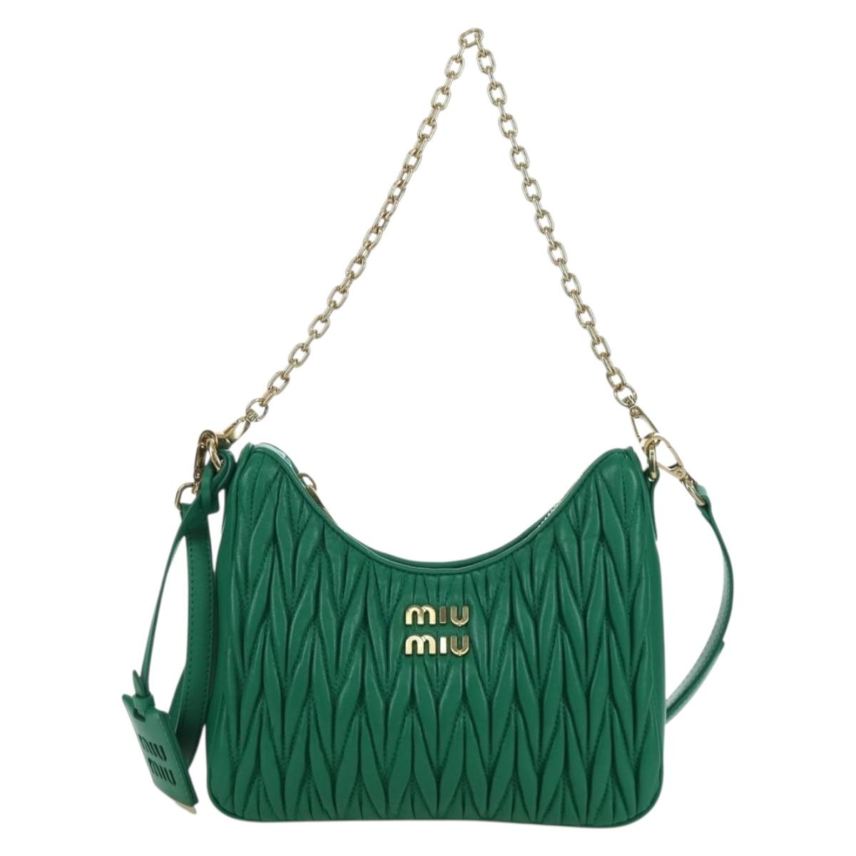 Miu Miu Matelasse Chain Shoulder Bag Leather 2way Green Gold Auth 171450SAM