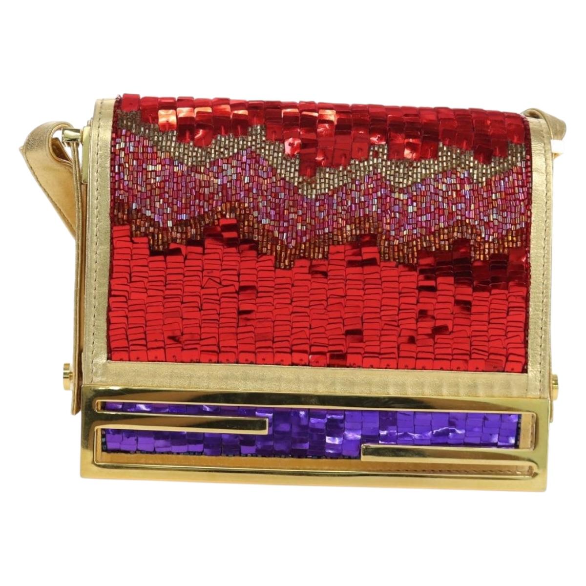 FENDI Sequin Shoulder Bag Leather Multicolor Gold Auth 171457SV
