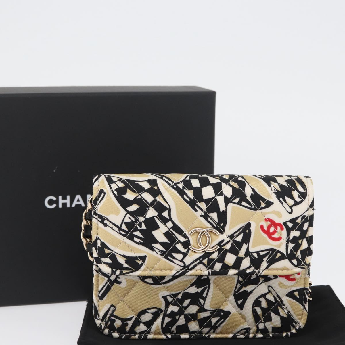 CHANEL Mini Matelasse 12 Chain Pouch Shoulder Satin Beige Gold CC Auth 171471SAM
