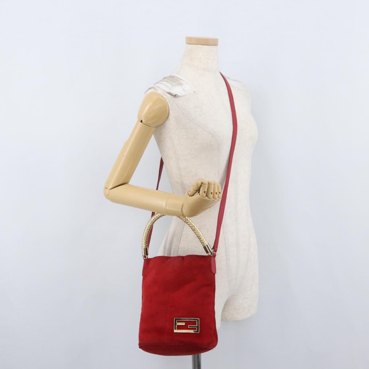 FENDI Hand Bag Suede 2way Red Gold Auth 171482V