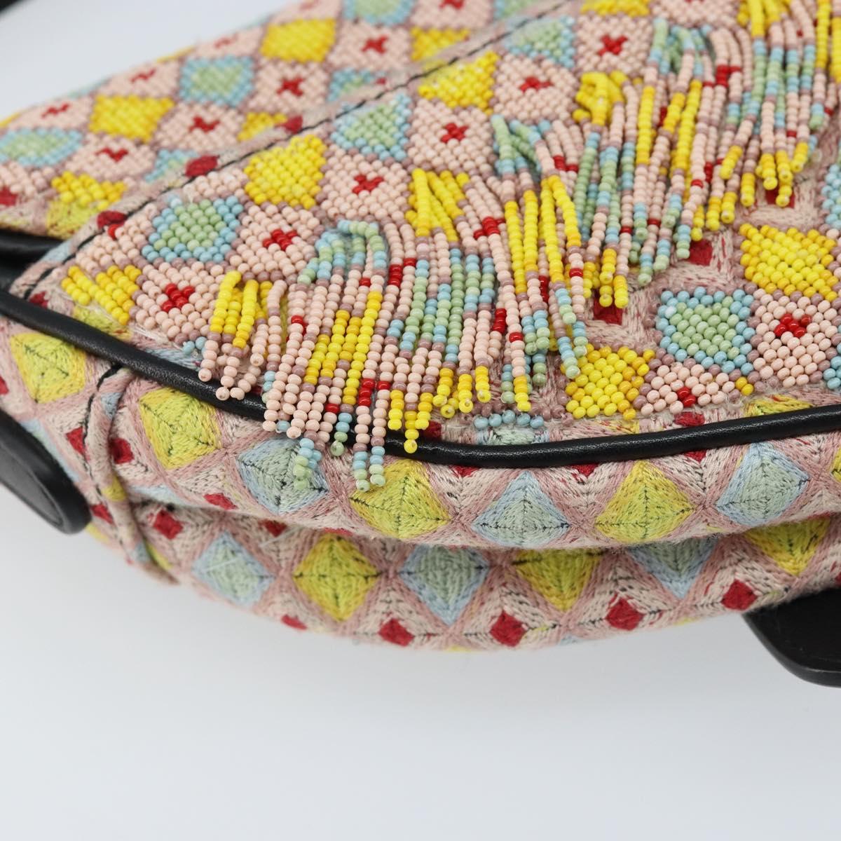 Christian Dior Beads Saddle Hand Bag Canvas Multicolor Gold Auth 171485SM