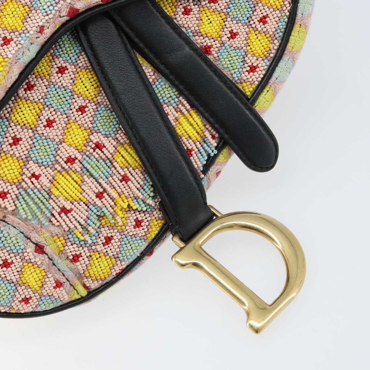 Christian Dior Beads Saddle Hand Bag Canvas Multicolor Gold Auth 171485SM
