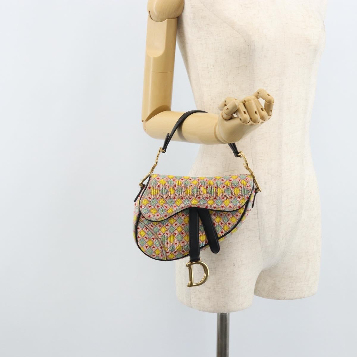 Christian Dior Beads Saddle Hand Bag Canvas Multicolor Gold Auth 171485SM