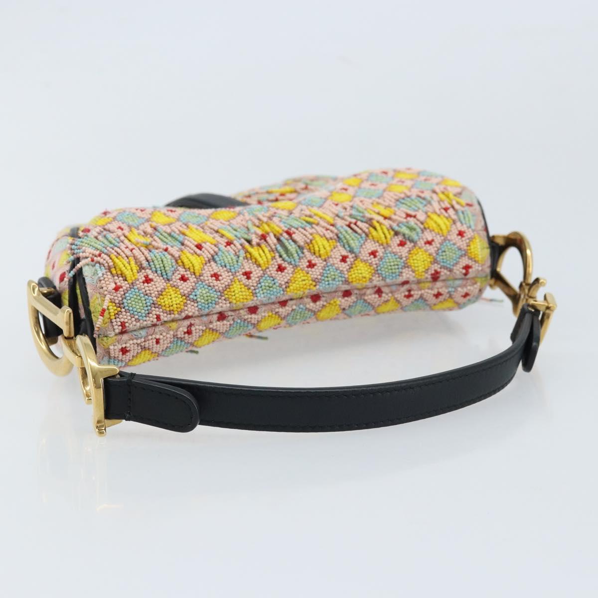 Christian Dior Beads Saddle Hand Bag Canvas Multicolor Gold Auth 171485SM