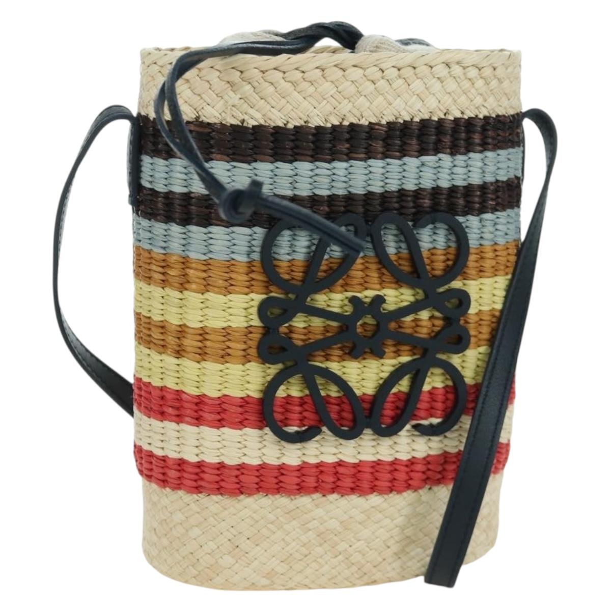 LOEWE Square Pocket Anagram Shoulder Bag Raffia Beige Auth 171500SAM