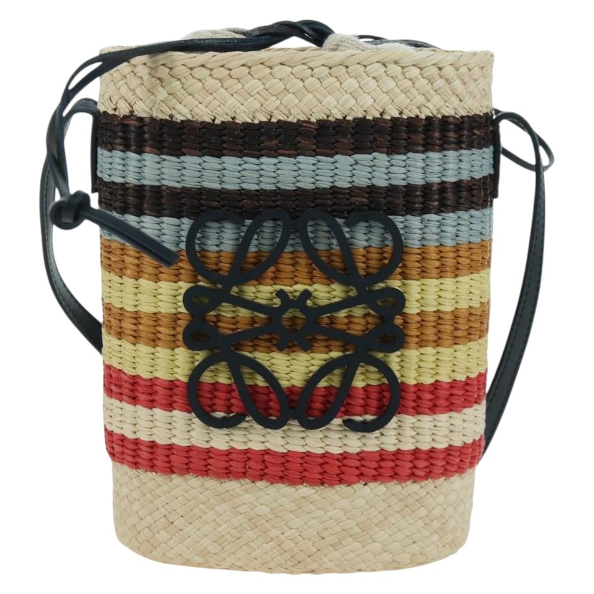 LOEWE Square Pocket Anagram Shoulder Bag Raffia Beige Auth 171500SAM