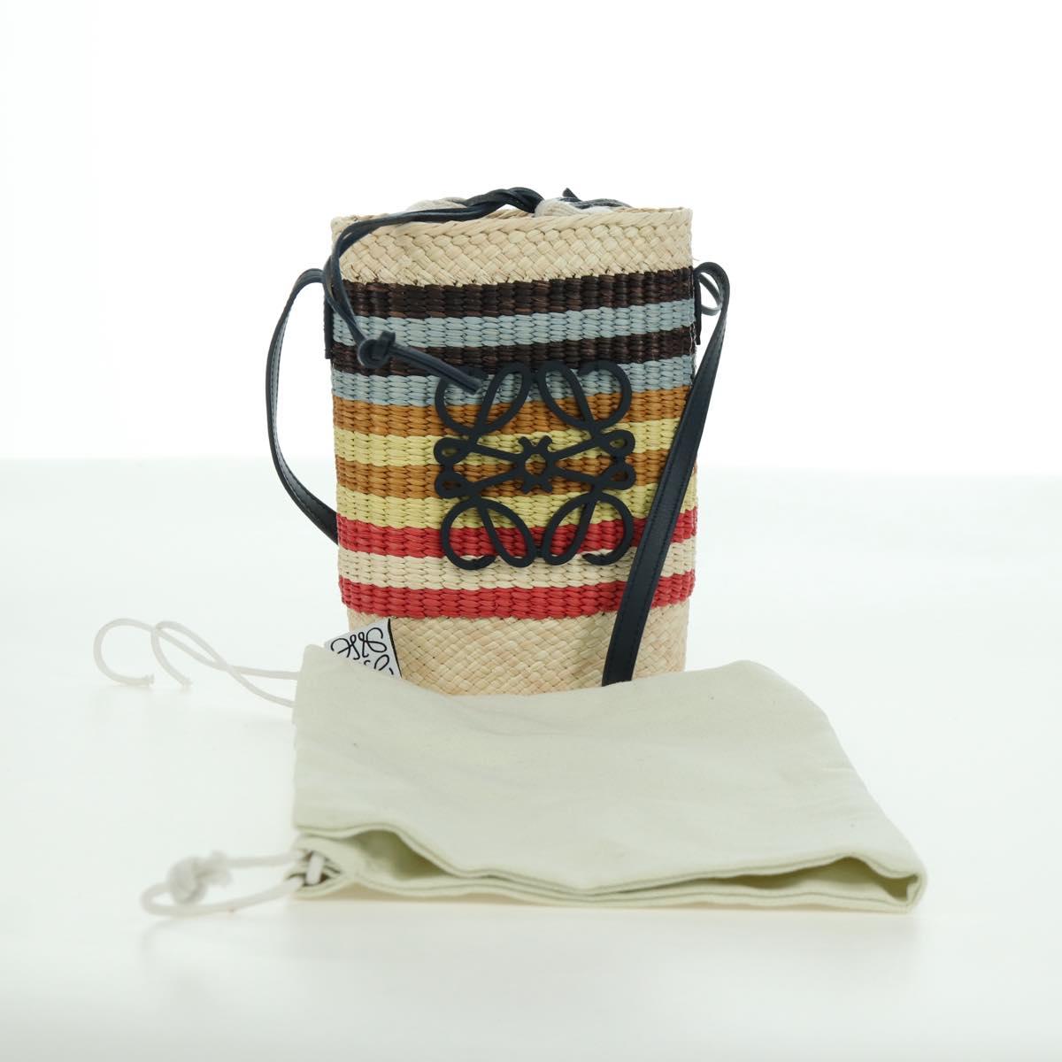 LOEWE Square Pocket Anagram Shoulder Bag Raffia Beige Auth 171500SAM