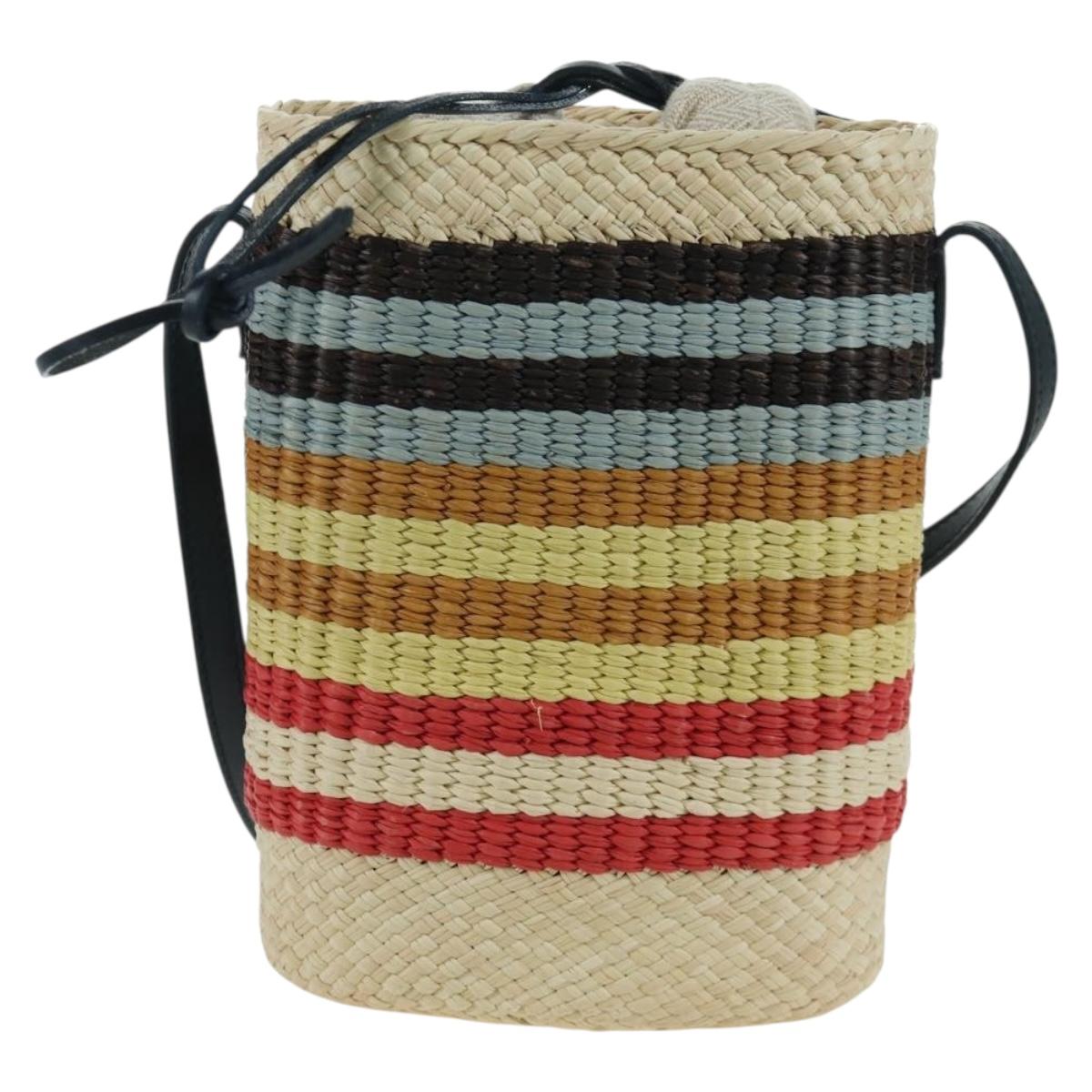 LOEWE Square Pocket Anagram Shoulder Bag Raffia Beige Auth 171500SAM