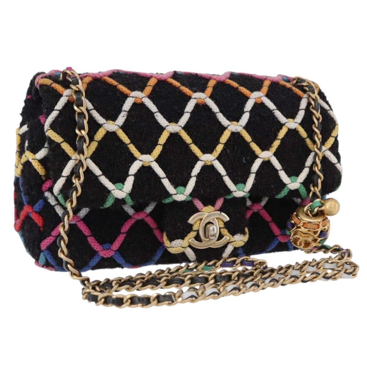 CHANEL Mini Matelasse 20 Chain Shoulder Bag Tweed Black Gold CC Auth 171505SAM