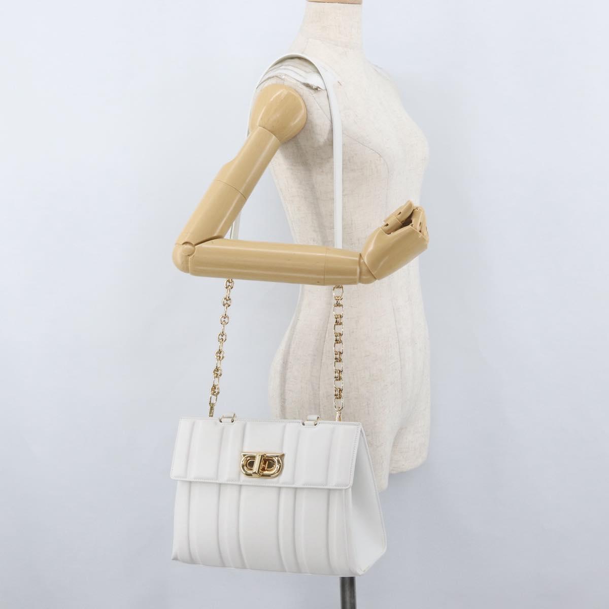 Salvatore Ferragamo Gancini Chain Bag Leather 2way White Gold Auth 171530M