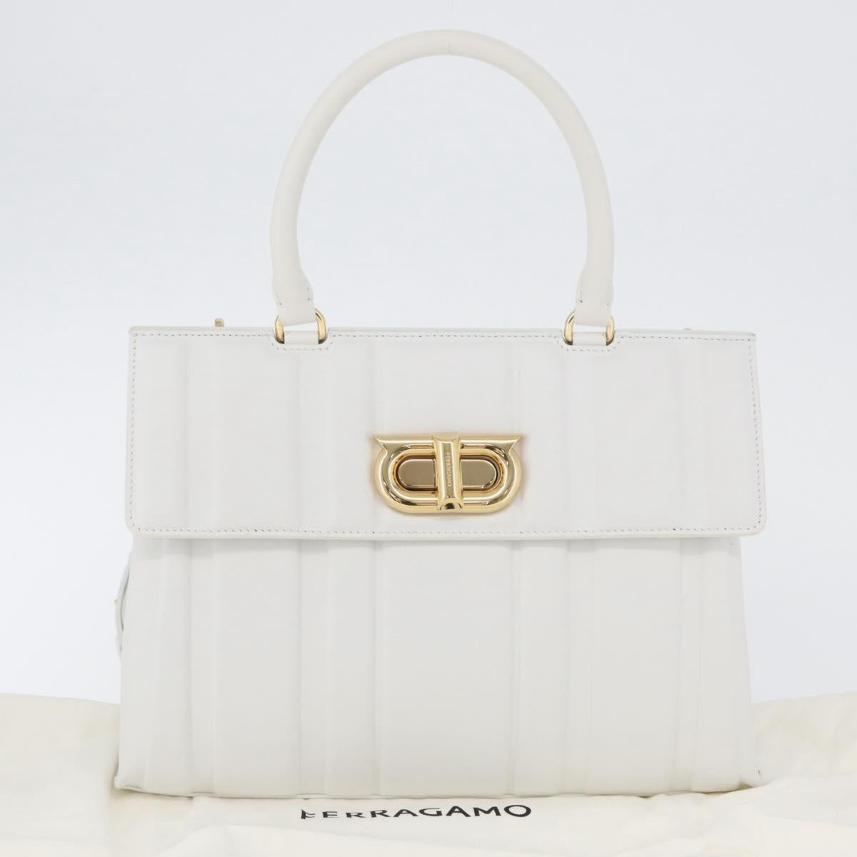 Salvatore Ferragamo Gancini Chain Bag Leather 2way White Gold Auth 171530M