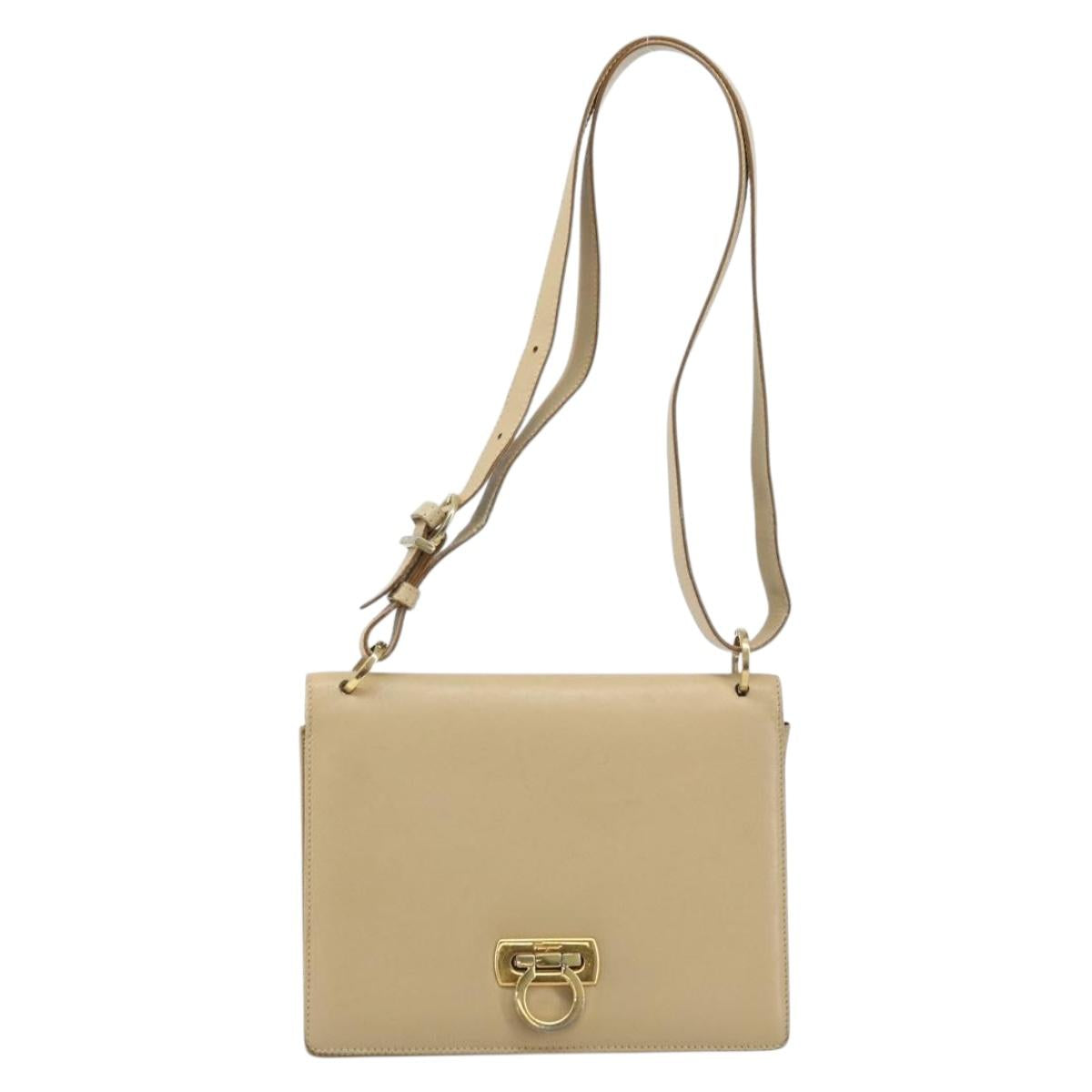 Salvatore Ferragamo Gancini Shoulder Bag Leather Beige Gold Auth 171532