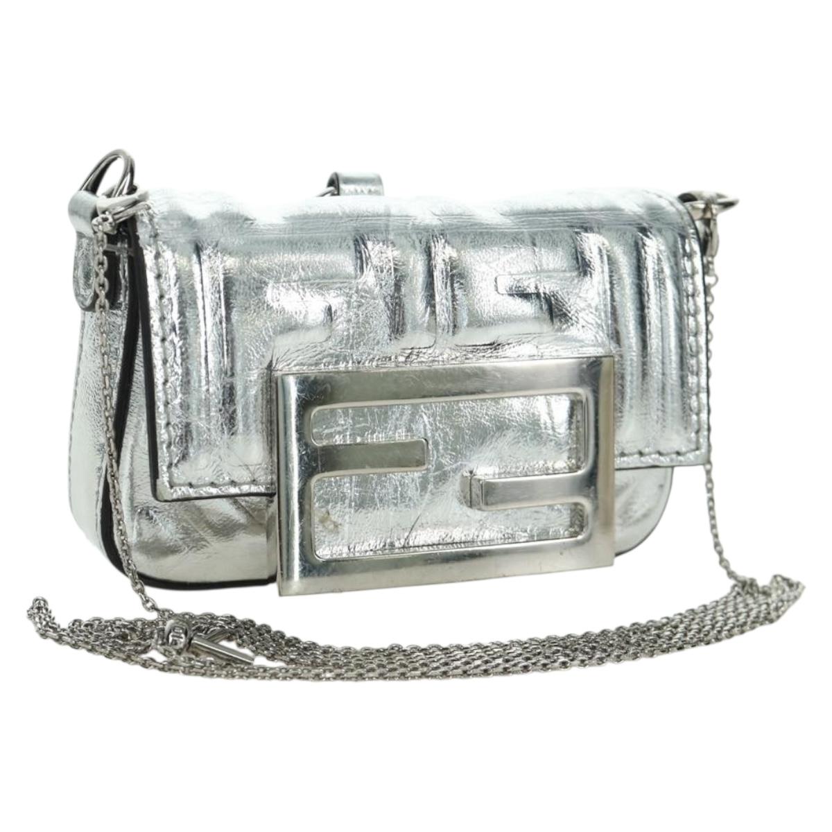 FENDI Zucca Canvas Chain Shoulder Pouch Nano Bucket Bag Silver Auth 171535M