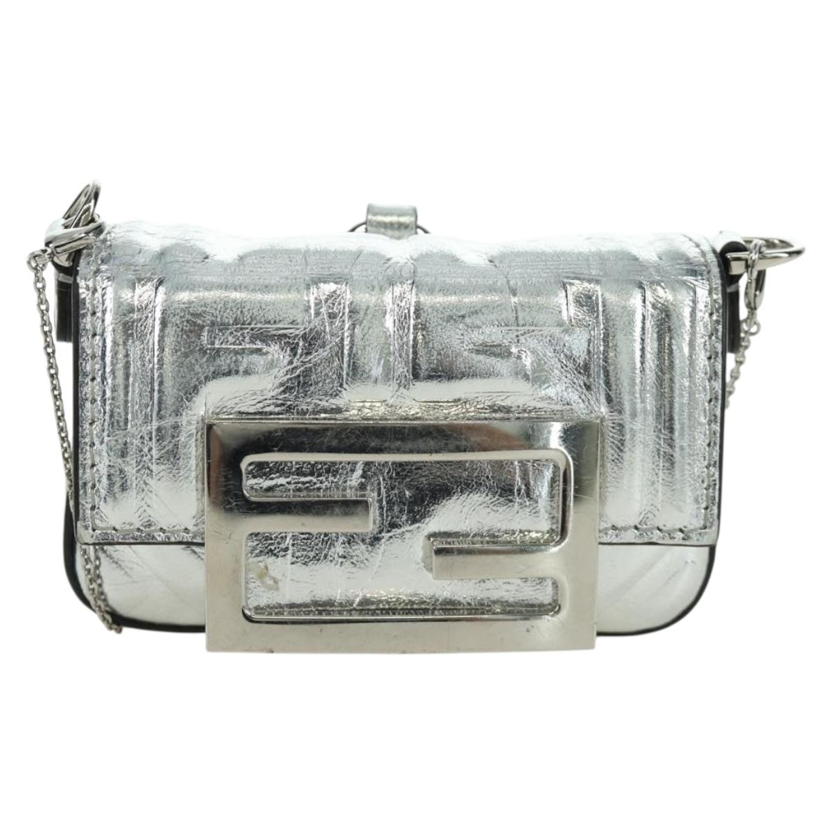 FENDI Zucca Canvas Chain Shoulder Pouch Nano Bucket Bag Silver Auth 171535M