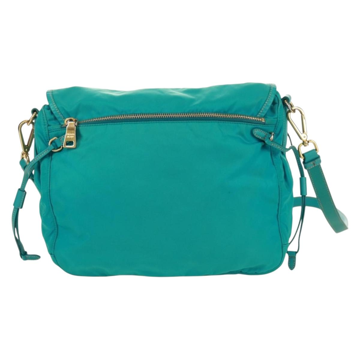 PRADA Shoulder Bag Nylon Turquoise Blue Gold Auth 171551A
