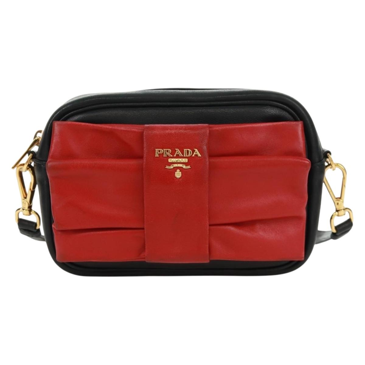 PRADA ribbon Shoulder Bag Leather Black Red gold Auth 171555V